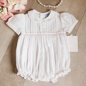 White Heirloom Romper Pintucks Feltman Brothers Friedknit Pink Bullion Rose RARE